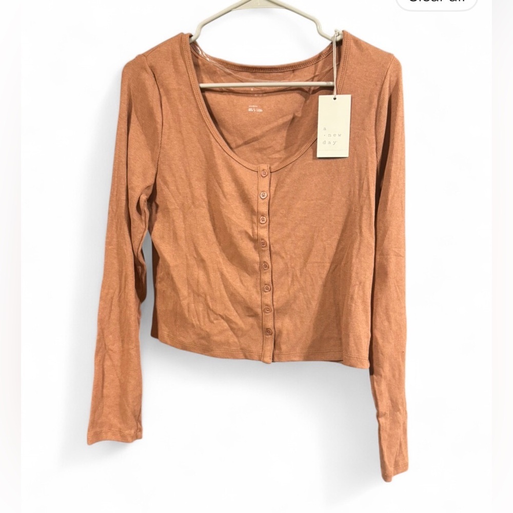 A New Day Women's Brown Long Sleeve Button-Down Shirt